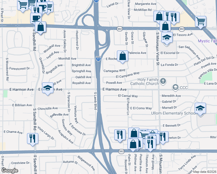 map of restaurants, bars, coffee shops, grocery stores, and more near 4268 East Harmon Avenue in Las Vegas