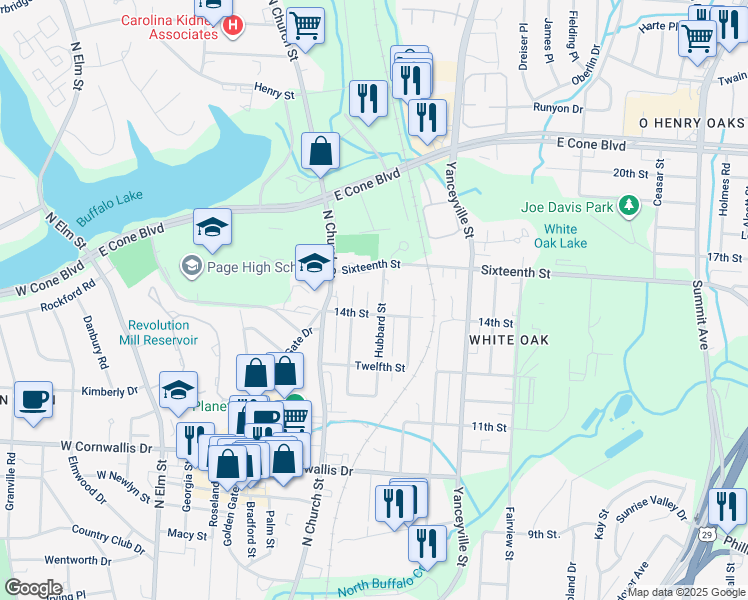 map of restaurants, bars, coffee shops, grocery stores, and more near 2505 Hubbard Street in Greensboro