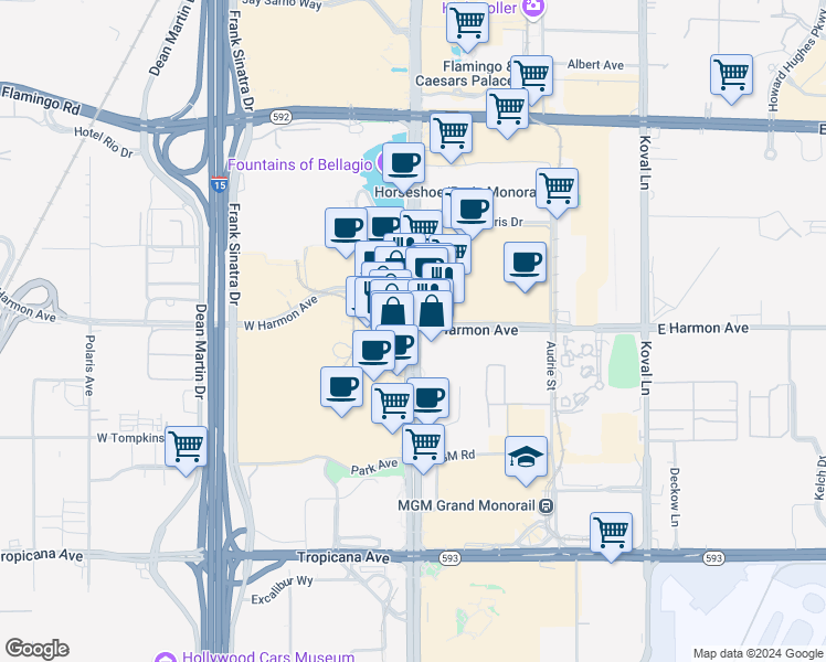 map of restaurants, bars, coffee shops, grocery stores, and more near 23 South Las Vegas Boulevard in Las Vegas