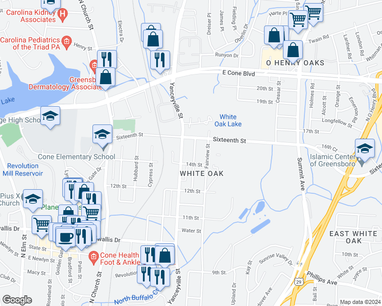 map of restaurants, bars, coffee shops, grocery stores, and more near 2507 Campbell Street in Greensboro