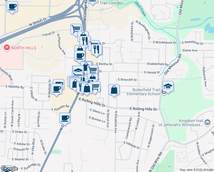 map of restaurants, bars, coffee shops, grocery stores, and more near 3117 North Sheryl Avenue in Fayetteville
