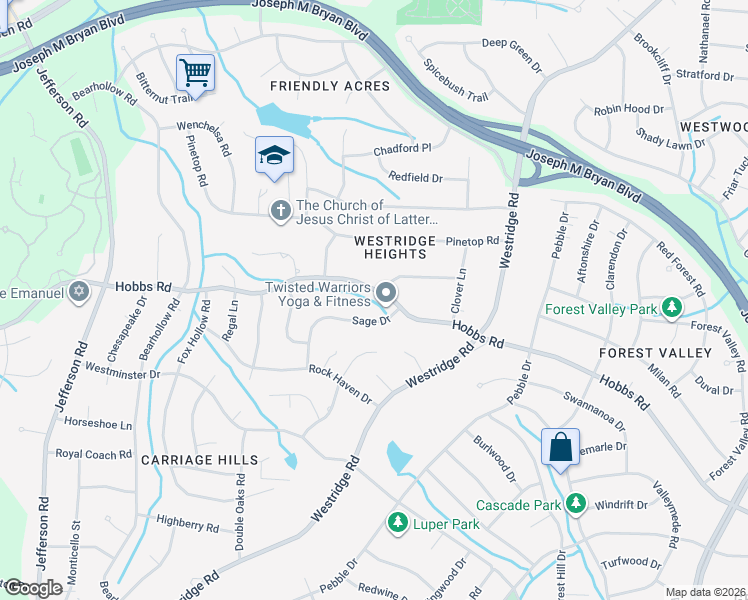 map of restaurants, bars, coffee shops, grocery stores, and more near 3703 Hobbs Rd in Greensboro