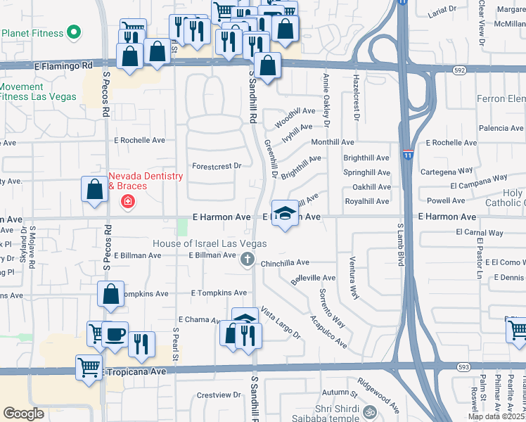map of restaurants, bars, coffee shops, grocery stores, and more near 4485 Greenhill Drive in Las Vegas
