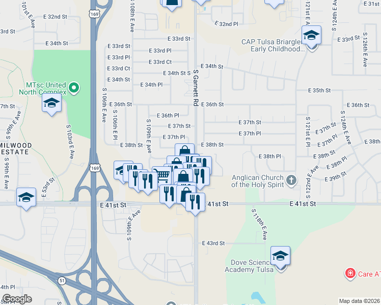 map of restaurants, bars, coffee shops, grocery stores, and more near 3811 East 59th Street in Tulsa