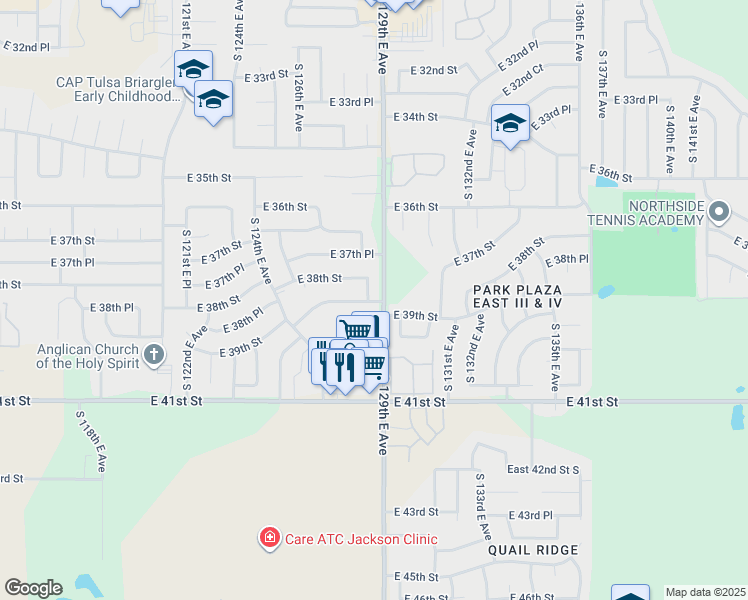 map of restaurants, bars, coffee shops, grocery stores, and more near 12805 East 39th Street in Tulsa
