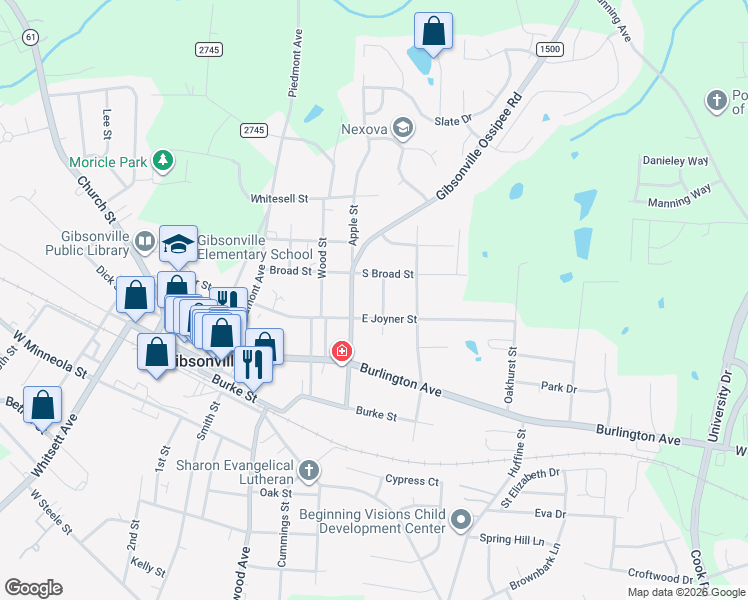 map of restaurants, bars, coffee shops, grocery stores, and more near 309 Owen Street in Gibsonville