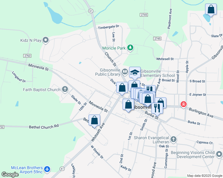 map of restaurants, bars, coffee shops, grocery stores, and more near 504 West Main Street in Gibsonville