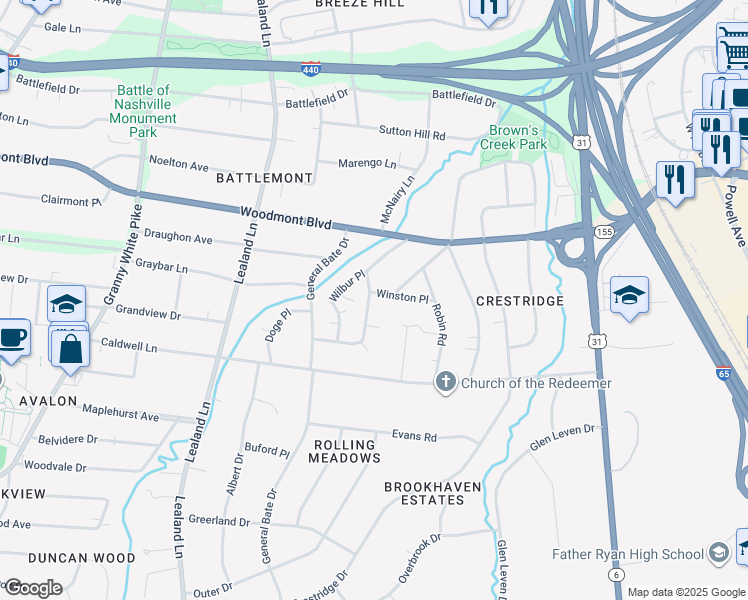 map of restaurants, bars, coffee shops, grocery stores, and more near 919 Winston Place in Nashville