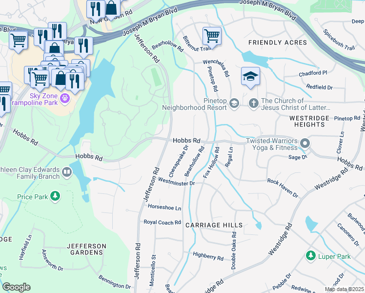 map of restaurants, bars, coffee shops, grocery stores, and more near 1803 Chesapeake Drive in Greensboro