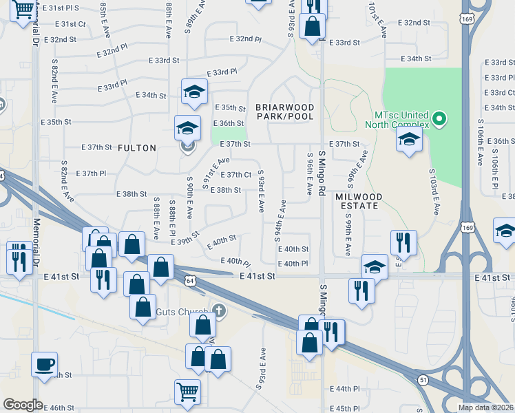 map of restaurants, bars, coffee shops, grocery stores, and more near 3826 South 93rd East Avenue in Tulsa