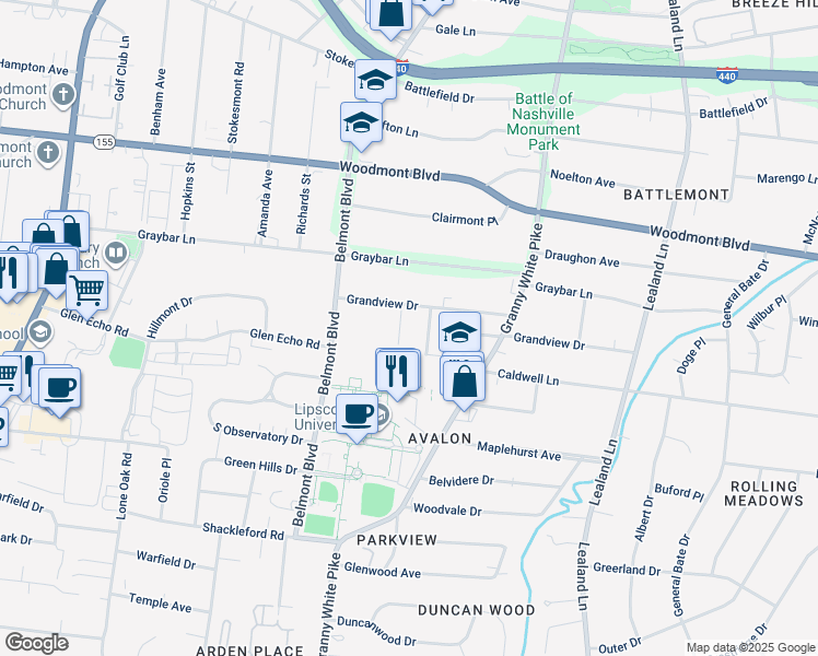 map of restaurants, bars, coffee shops, grocery stores, and more near 3702 Rosemont Avenue in Nashville