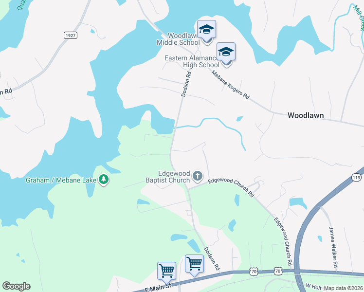 map of restaurants, bars, coffee shops, grocery stores, and more near 439 Dodson Road in Mebane
