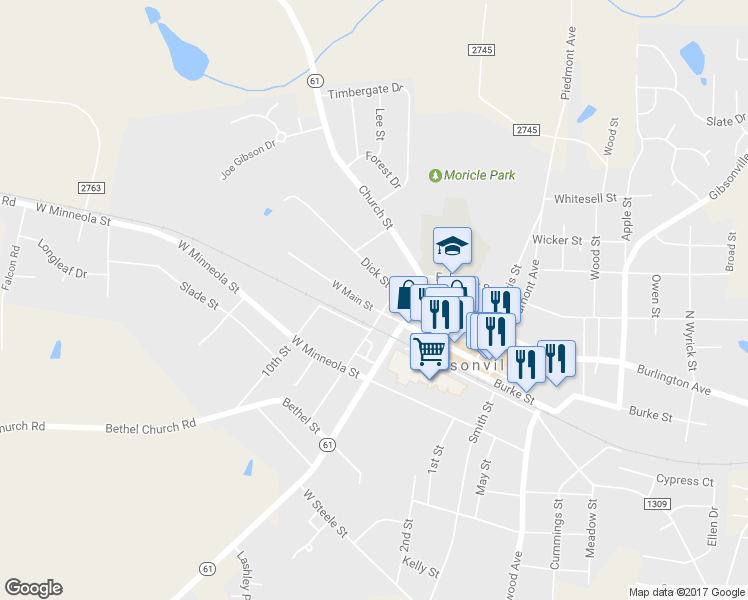 map of restaurants, bars, coffee shops, grocery stores, and more near 504 West Main Street in Gibsonville