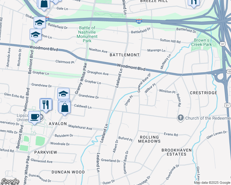 map of restaurants, bars, coffee shops, grocery stores, and more near 3700B Lealand Lane in Nashville