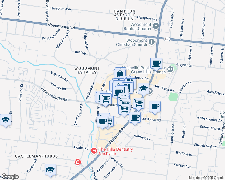 map of restaurants, bars, coffee shops, grocery stores, and more near 3821 Green Hills Village Drive in Nashville