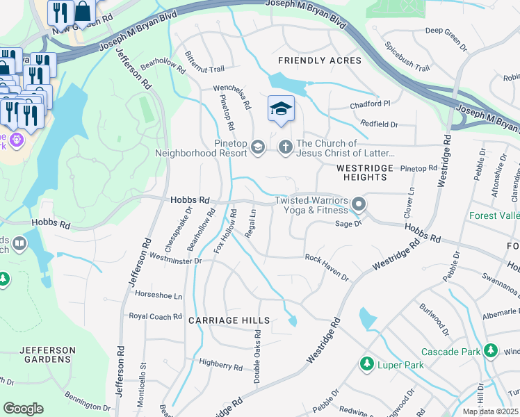 map of restaurants, bars, coffee shops, grocery stores, and more near 1812 Regal Lane in Greensboro