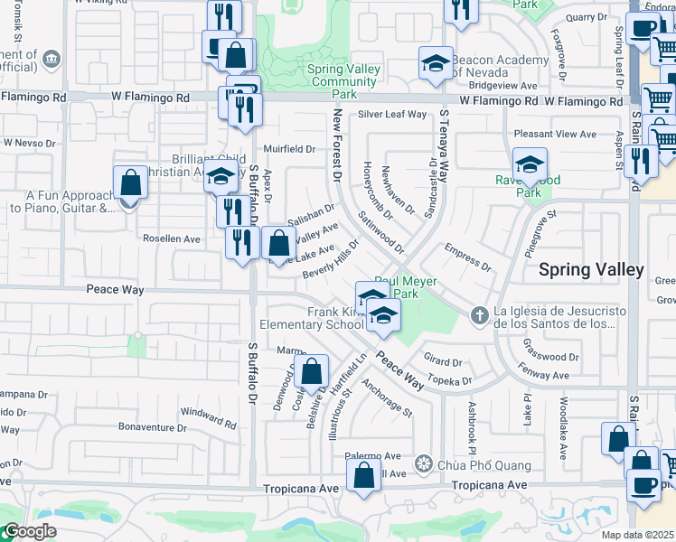 map of restaurants, bars, coffee shops, grocery stores, and more near 7605 Beverly Hills Drive in Las Vegas