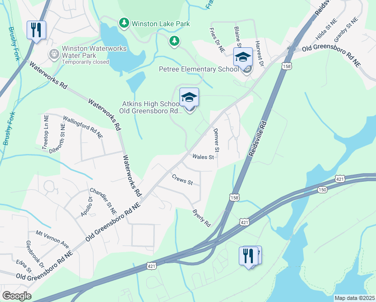 map of restaurants, bars, coffee shops, grocery stores, and more near Water Works Road in Winston-Salem