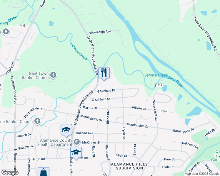 map of restaurants, bars, coffee shops, grocery stores, and more near 2005 North Ashland Drive in Burlington