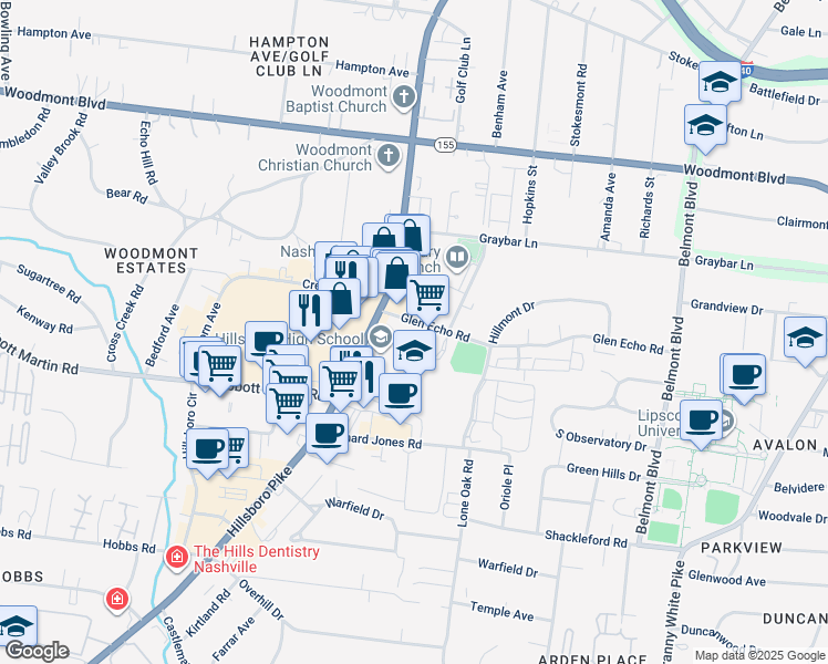 map of restaurants, bars, coffee shops, grocery stores, and more near 1911 Glen Echo Road in Nashville