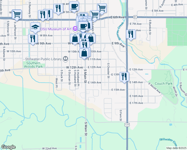 map of restaurants, bars, coffee shops, grocery stores, and more near 199 East 13th Avenue in Stillwater