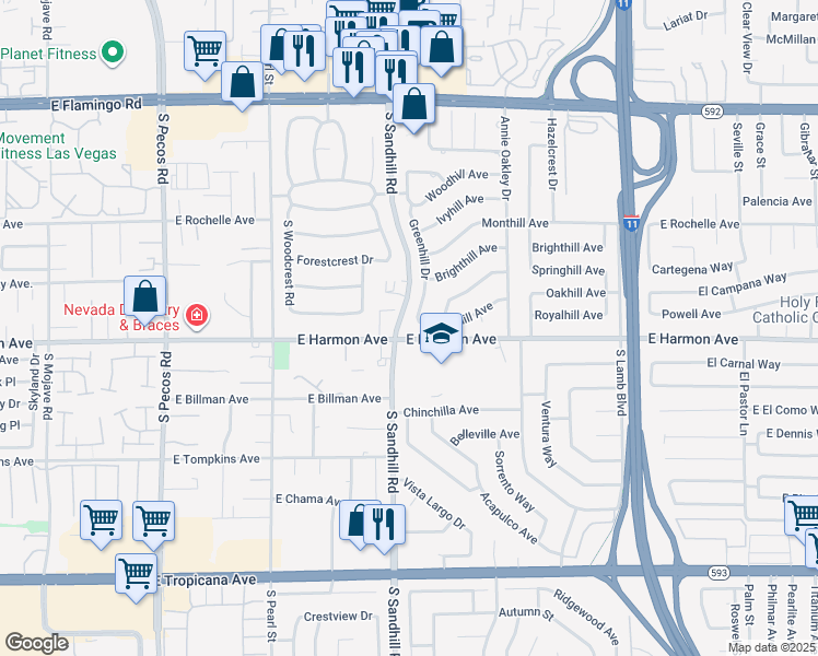 map of restaurants, bars, coffee shops, grocery stores, and more near 4485 Greenhill Drive in Las Vegas