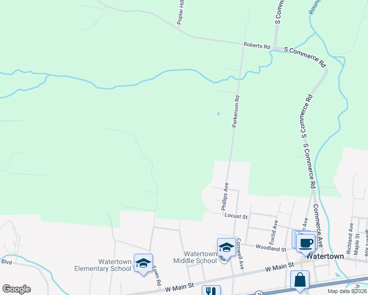 map of restaurants, bars, coffee shops, grocery stores, and more near 525 New Town Road in Watertown