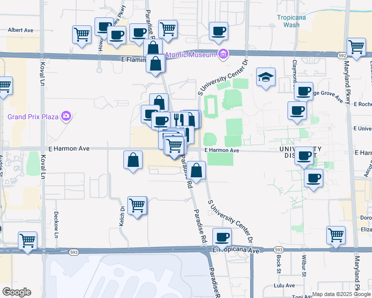 map of restaurants, bars, coffee shops, grocery stores, and more near 4510 Paradise Rd in Las Vegas
