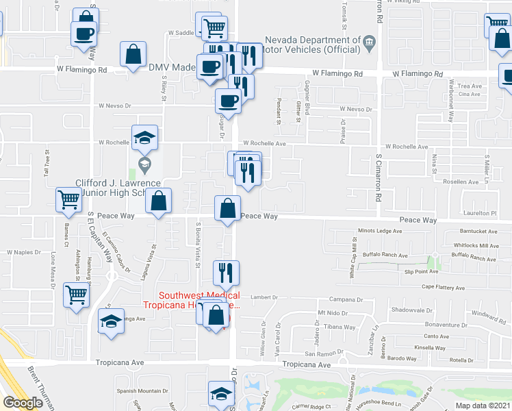 map of restaurants, bars, coffee shops, grocery stores, and more near 8501 West University Avenue in Las Vegas