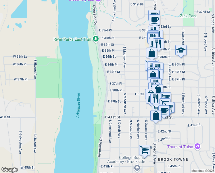 map of restaurants, bars, coffee shops, grocery stores, and more near River Parks East Trail in Tulsa