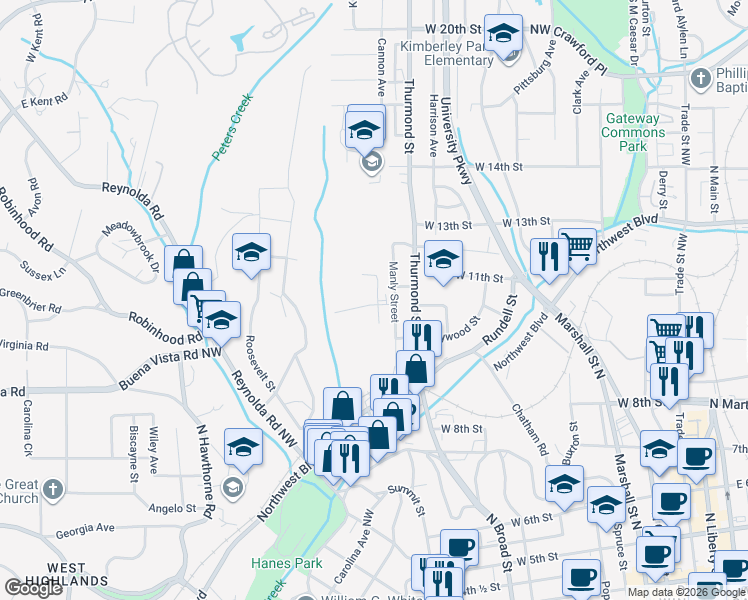 map of restaurants, bars, coffee shops, grocery stores, and more near 1100 Manly Street in Winston-Salem