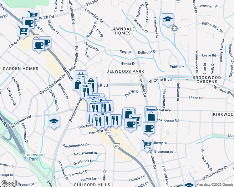 map of restaurants, bars, coffee shops, grocery stores, and more near 2222 Oak Hill Drive in Greensboro