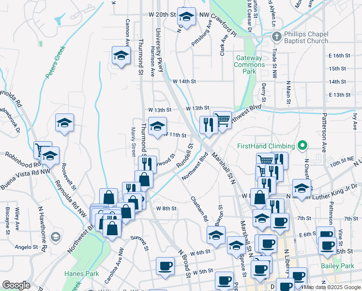 map of restaurants, bars, coffee shops, grocery stores, and more near 711 Haywood Street in Winston Salem