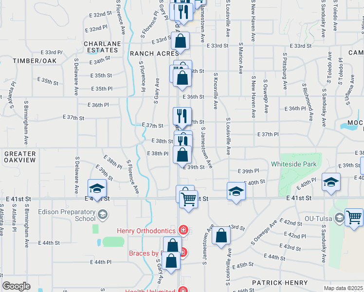 map of restaurants, bars, coffee shops, grocery stores, and more near 3767 South Harvard Avenue in Tulsa