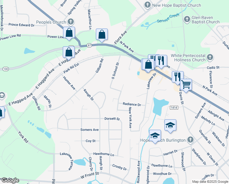 map of restaurants, bars, coffee shops, grocery stores, and more near 2420 Aaron Street in Burlington