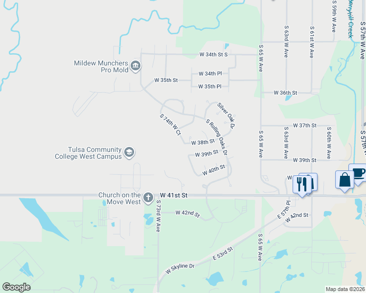 map of restaurants, bars, coffee shops, grocery stores, and more near 7428 West 38th Street in Tulsa