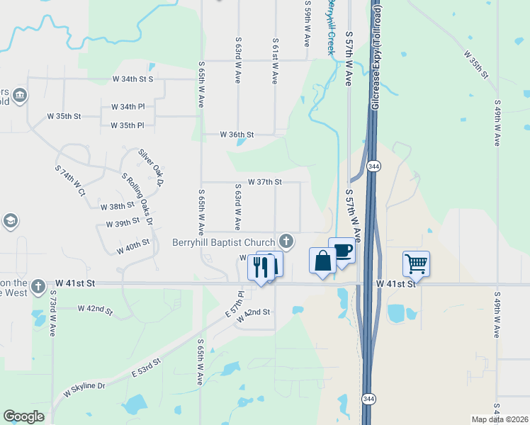 map of restaurants, bars, coffee shops, grocery stores, and more near 3742 S 61st W Ave in Tulsa