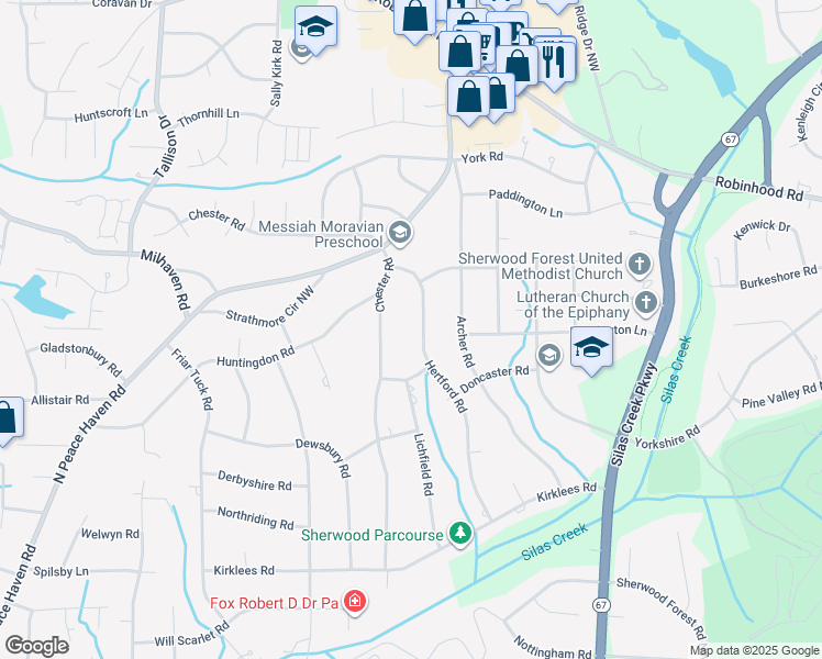 map of restaurants, bars, coffee shops, grocery stores, and more near 748 Hertford Road in Winston-Salem