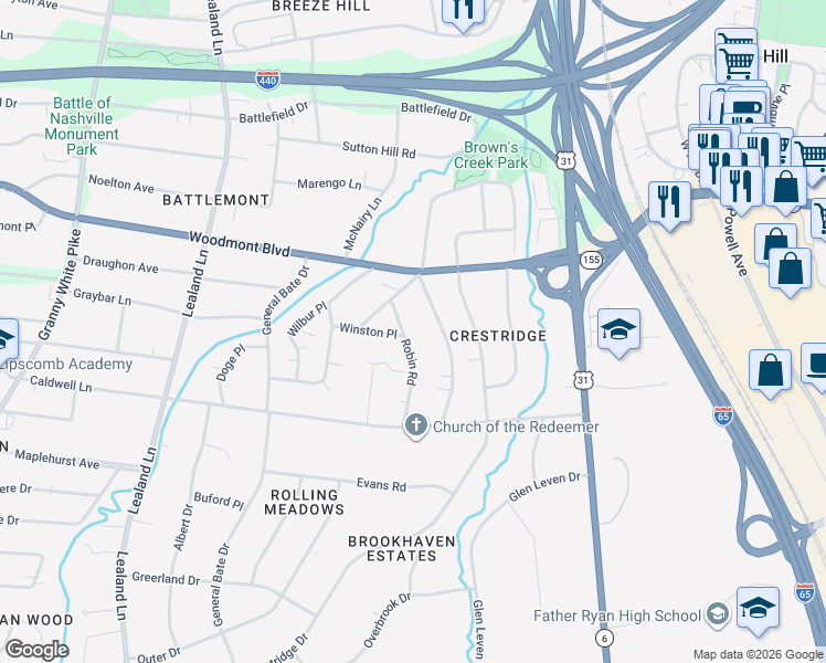 map of restaurants, bars, coffee shops, grocery stores, and more near 3510 Robin Road in Nashville