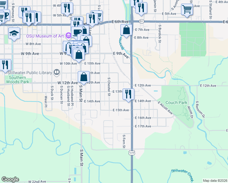 map of restaurants, bars, coffee shops, grocery stores, and more near East 13th Avenue in Stillwater