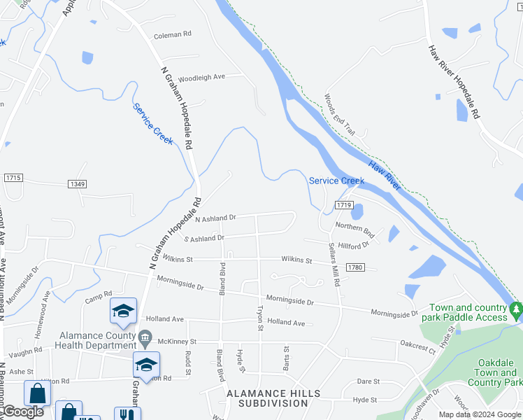 map of restaurants, bars, coffee shops, grocery stores, and more near 2105 North Ashland Drive in Burlington
