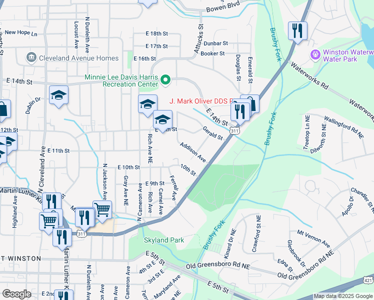 map of restaurants, bars, coffee shops, grocery stores, and more near 1150 Addison Avenue in Winston-Salem