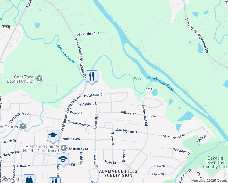 map of restaurants, bars, coffee shops, grocery stores, and more near 2105 North Ashland Drive in Burlington