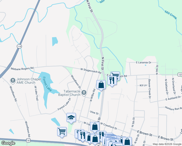 map of restaurants, bars, coffee shops, grocery stores, and more near 623 North Charles Street in Mebane
