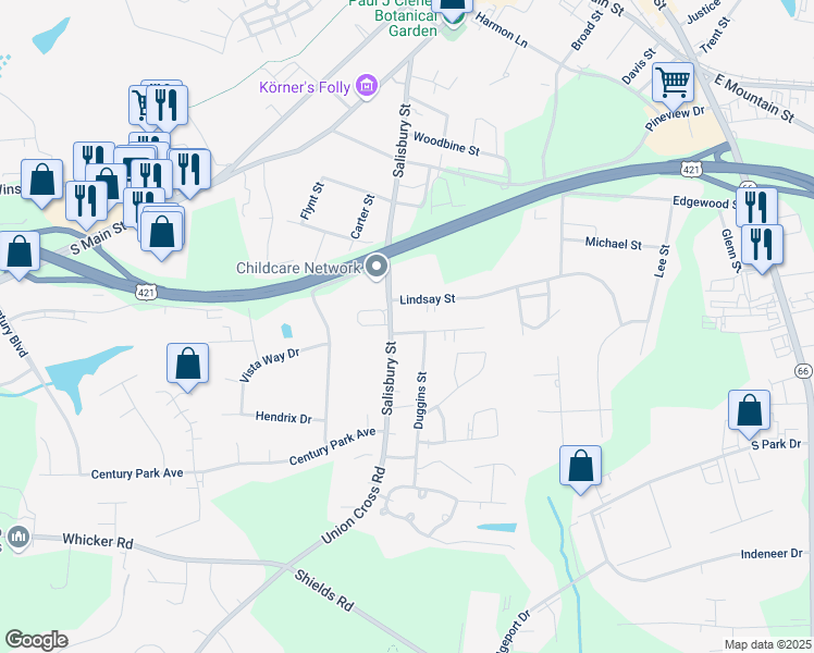 map of restaurants, bars, coffee shops, grocery stores, and more near 407 Dewey Street in Kernersville