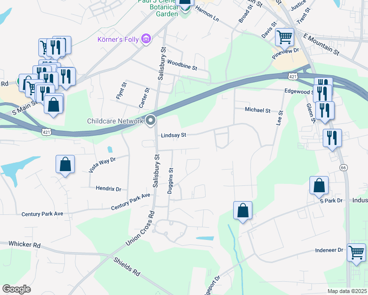 map of restaurants, bars, coffee shops, grocery stores, and more near 427 Dewey Street in Kernersville