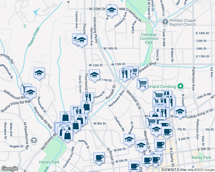 map of restaurants, bars, coffee shops, grocery stores, and more near 711 Haywood Street in Winston Salem
