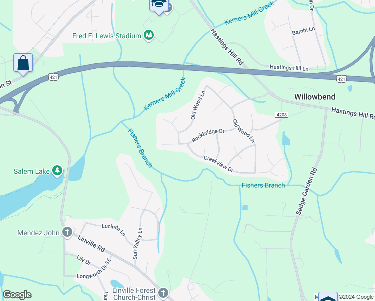 map of restaurants, bars, coffee shops, grocery stores, and more near 110 Creekview Drive in Kernersville