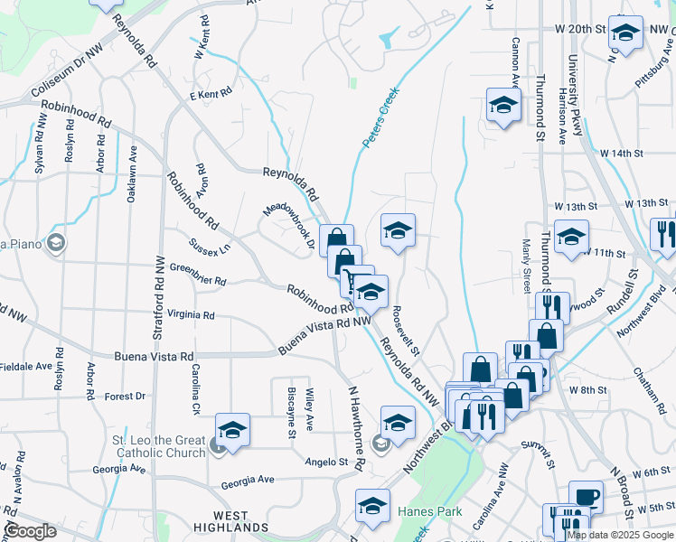 map of restaurants, bars, coffee shops, grocery stores, and more near 1214 Reynolda Road in Winston-Salem