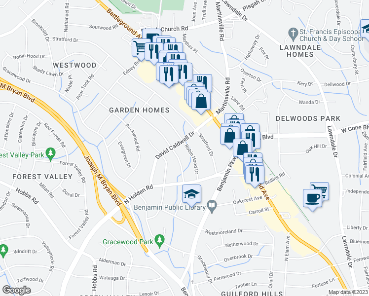 map of restaurants, bars, coffee shops, grocery stores, and more near 2623 Robin Hood Drive in Greensboro